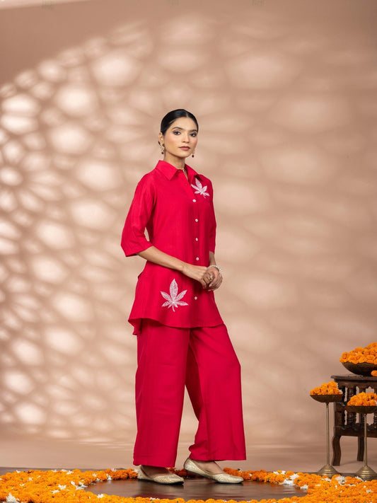 Women Solid Red Leaf Embroidery Co-Ord Set