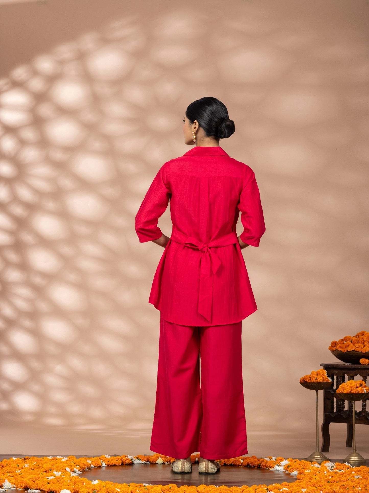 Women Solid Red Leaf Embroidery Co-Ord Set