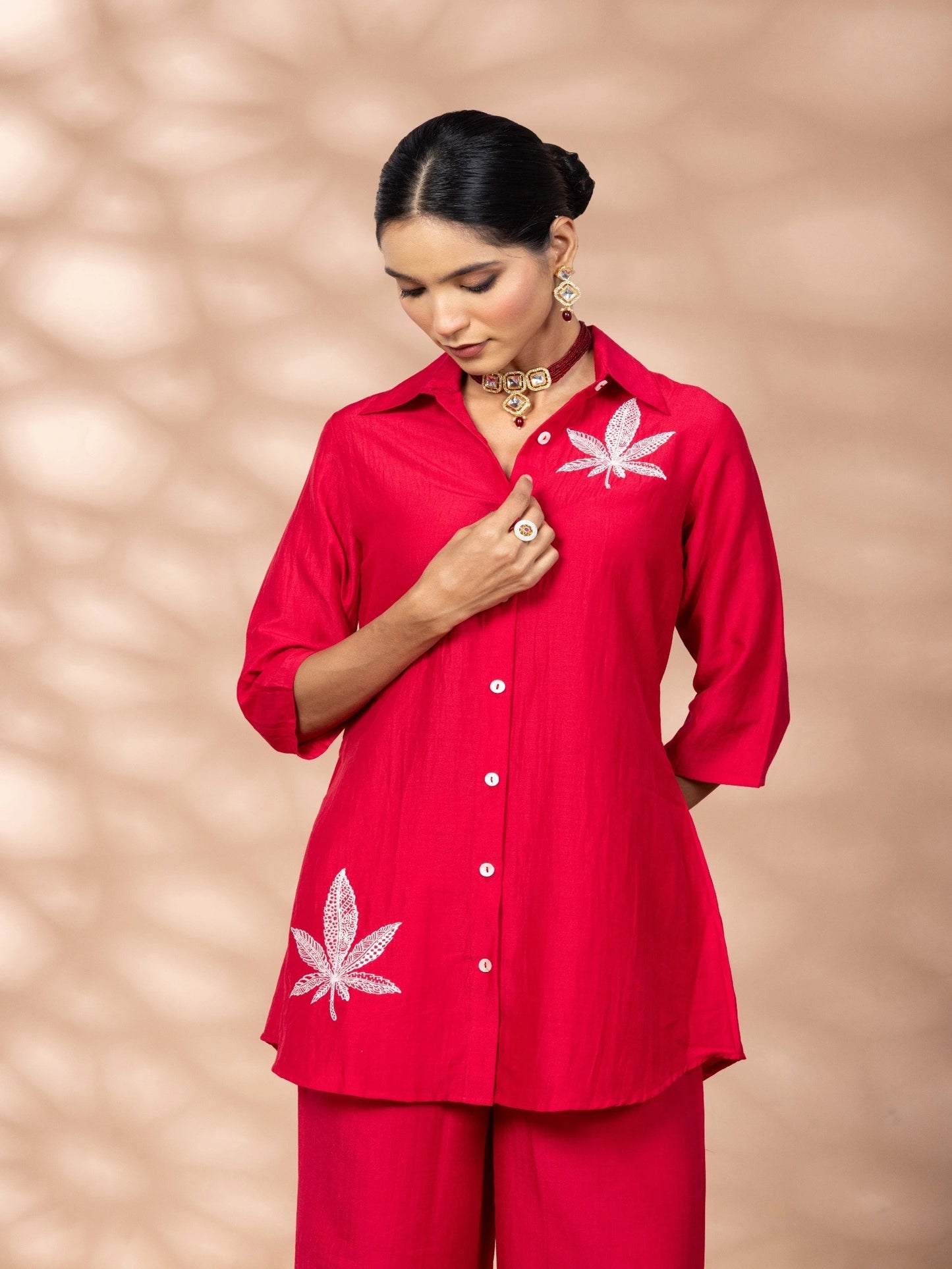 Women Solid Red Leaf Embroidery Co-Ord Set