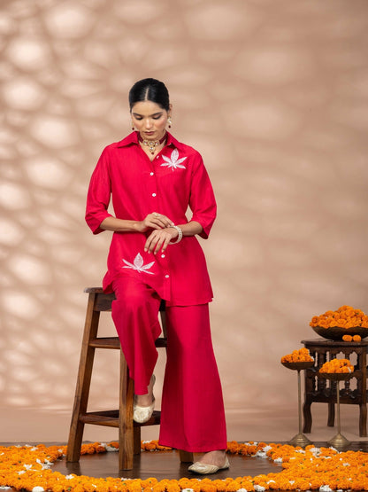 Women Solid Red Leaf Embroidery Co-Ord Set