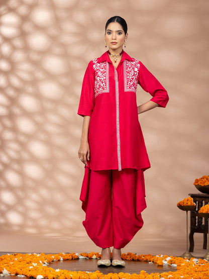 WineRed Women Red Embroidered Tunic with Harem Salwar Co-Set