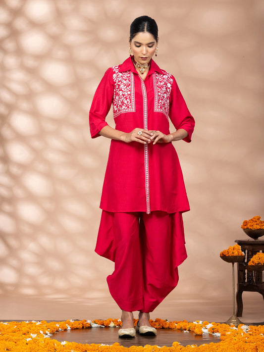 WineRed Women Red Embroidered Tunic with Harem Salwar Co-Set