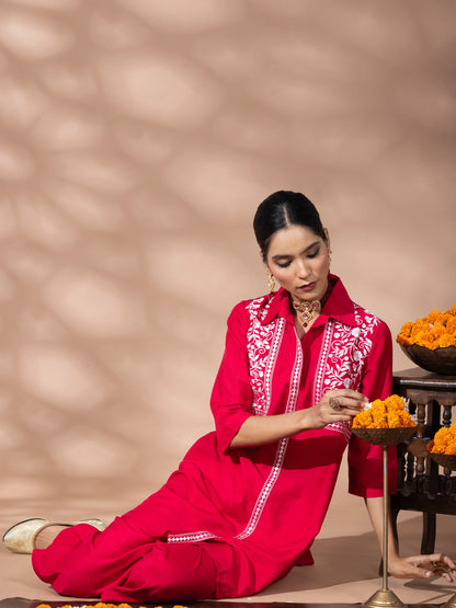 WineRed Women Red Embroidered Tunic with Harem Salwar Co-Set