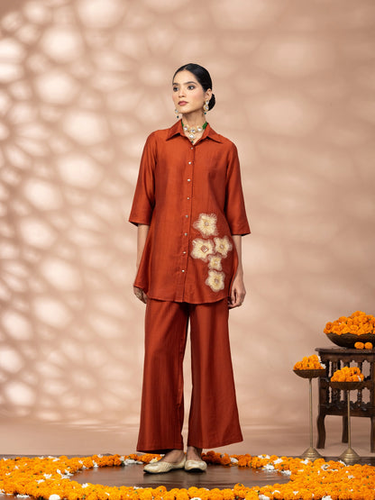 Women Rust Embroidered Polyester Shirt & Pant Co-ord Set