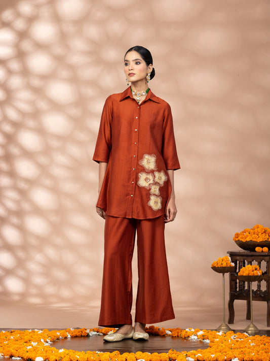 Women Rust Embroidered Polyester Shirt & Pant Co-ord Set