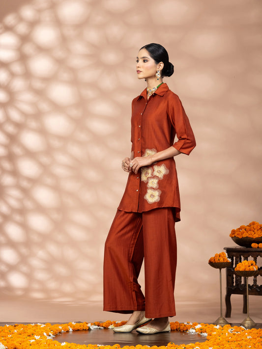 Women Rust Embroidered Polyester Shirt & Pant Co-ord Set