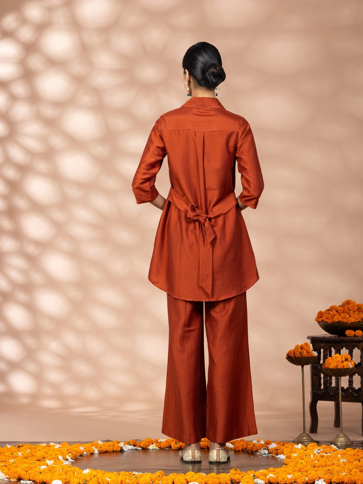 Women Rust Embroidered Polyester Shirt & Pant Co-ord Set