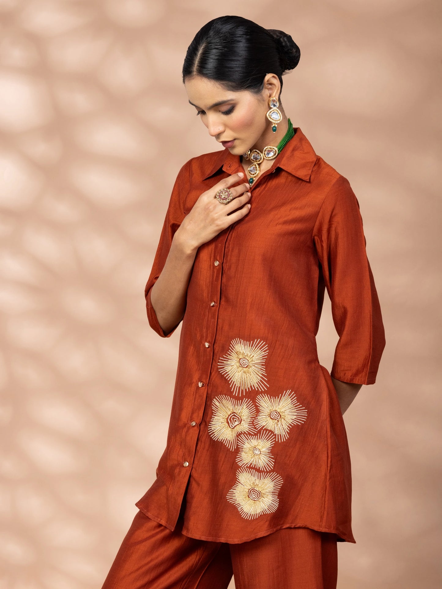 Women Rust Embroidered Polyester Shirt & Pant Co-ord Set
