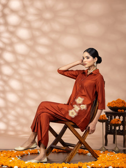 Women Rust Embroidered Polyester Shirt & Pant Co-ord Set