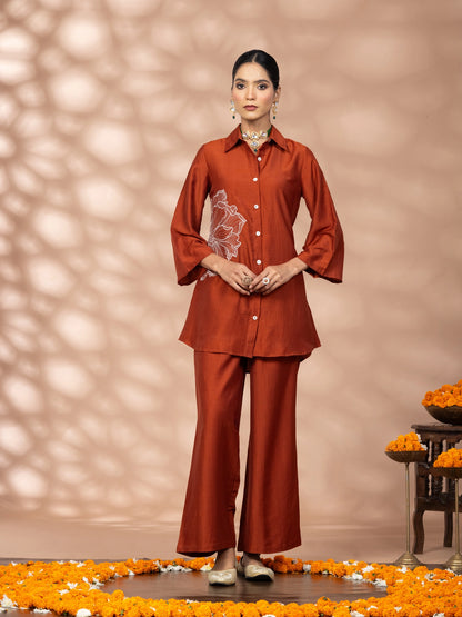 Women Solid Rust Flower Embroidery Co-Ord Set
