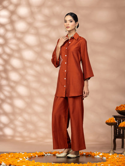 Women Solid Rust Flower Embroidery Co-Ord Set