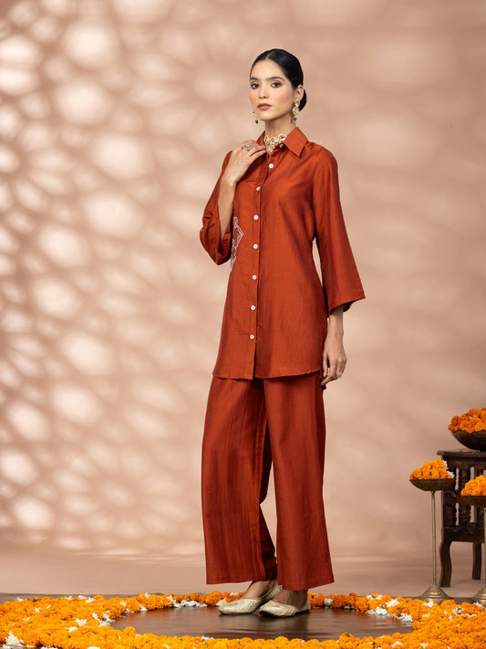 Women Solid Rust Flower Embroidery Co-Ord Set