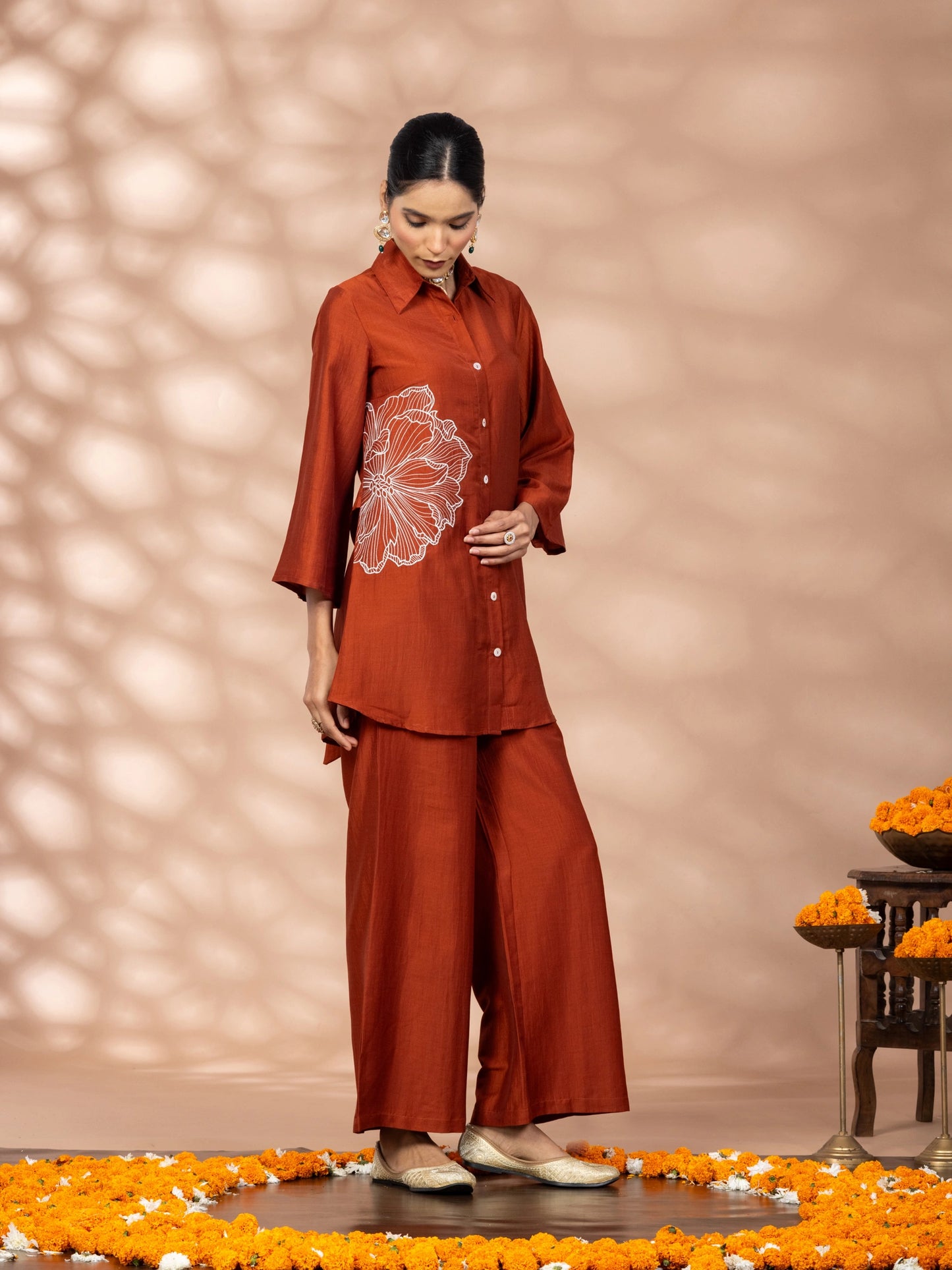 Women Solid Rust Flower Embroidery Co-Ord Set
