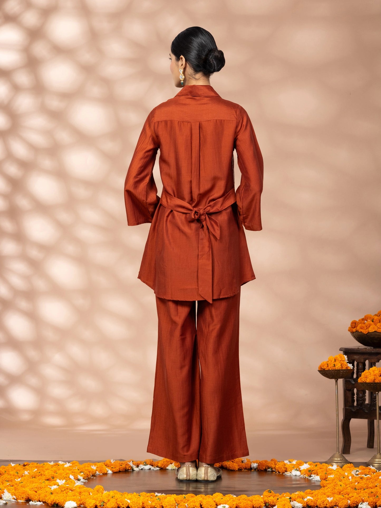 Women Solid Rust Flower Embroidery Co-Ord Set