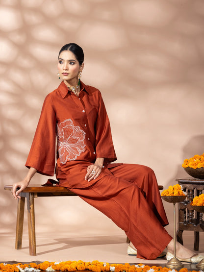 Women Solid Rust Flower Embroidery Co-Ord Set