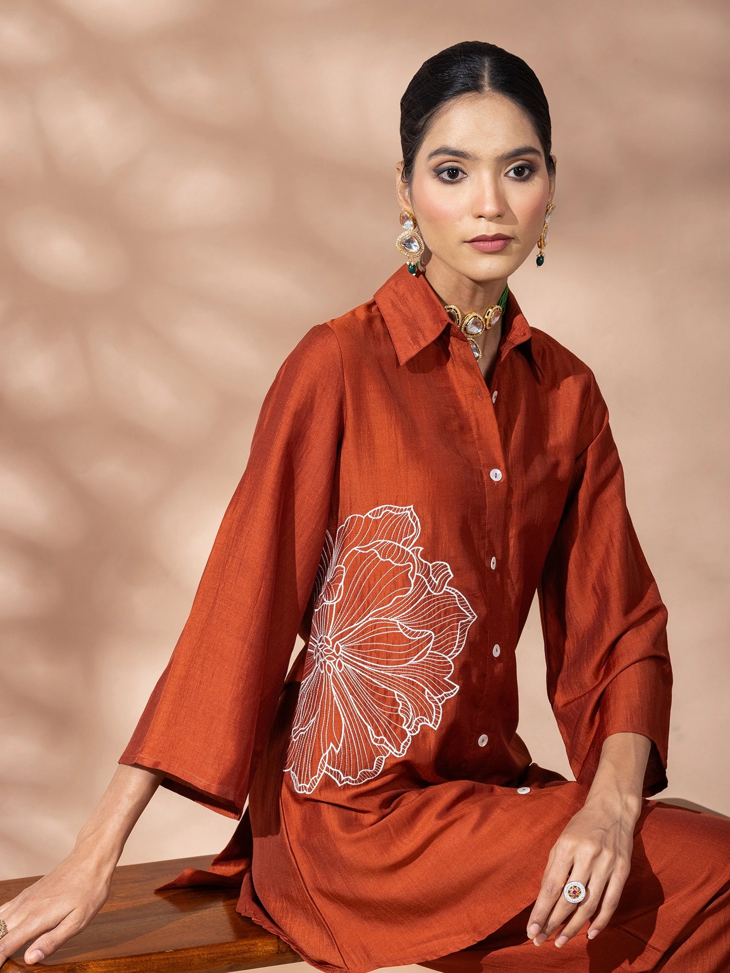 Women Solid Rust Flower Embroidery Co-Ord Set