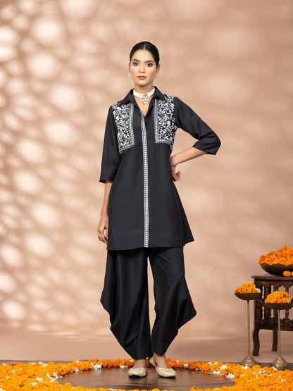 WineRed Women Black Embroidered Tunic with Harem Salwar Co-Set