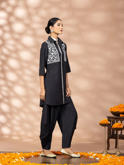 WineRed Women Black Embroidered Tunic with Harem Salwar Co-Set