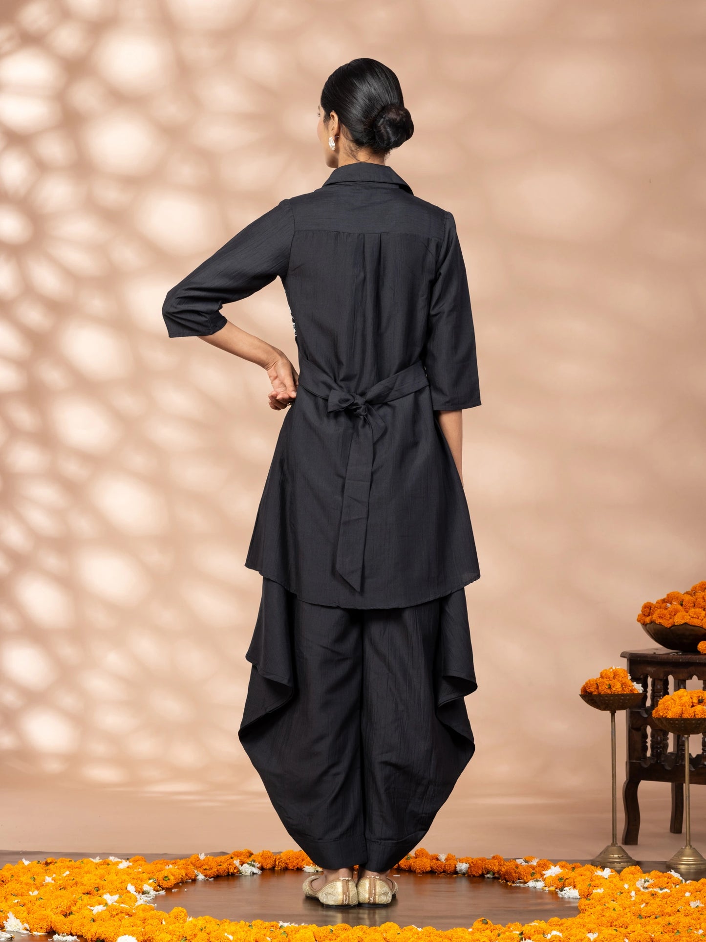 WineRed Women Black Embroidered Tunic with Harem Salwar Co-Set