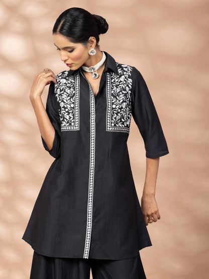 WineRed Women Black Embroidered Tunic with Harem Salwar Co-Set
