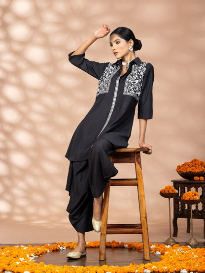 WineRed Women Black Embroidered Tunic with Harem Salwar Co-Set