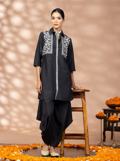 WineRed Women Black Embroidered Tunic with Harem Salwar Co-Set