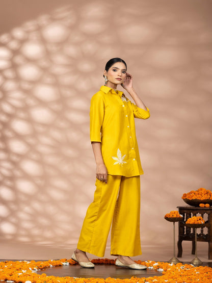 Women Solid Yellow Leaf Embroidery Co-Ord Set