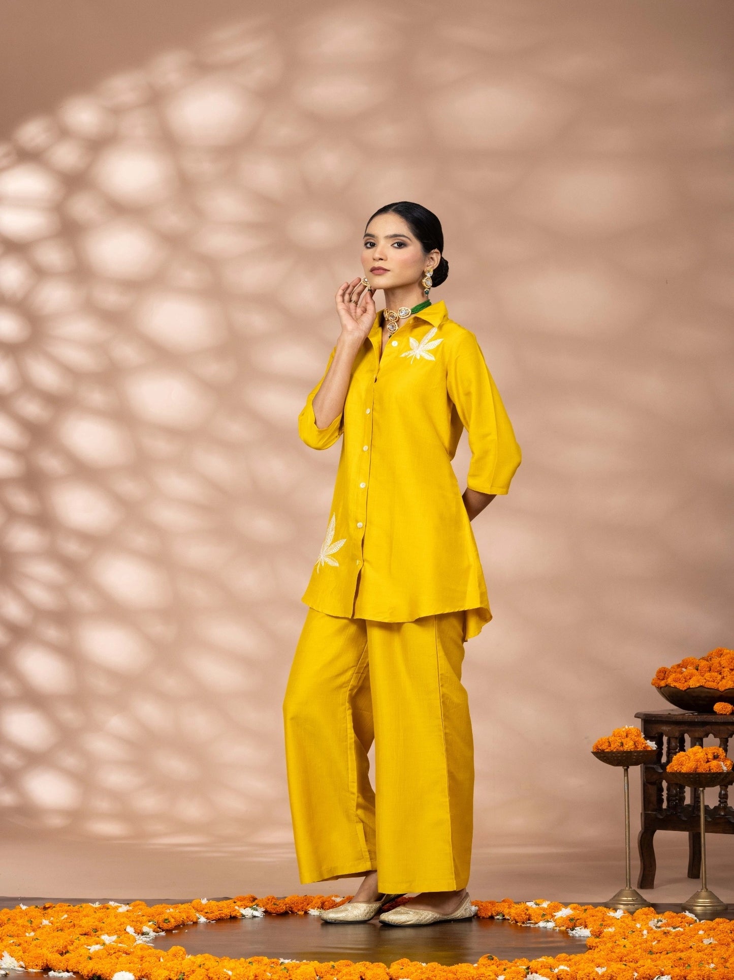 Women Solid Yellow Leaf Embroidery Co-Ord Set