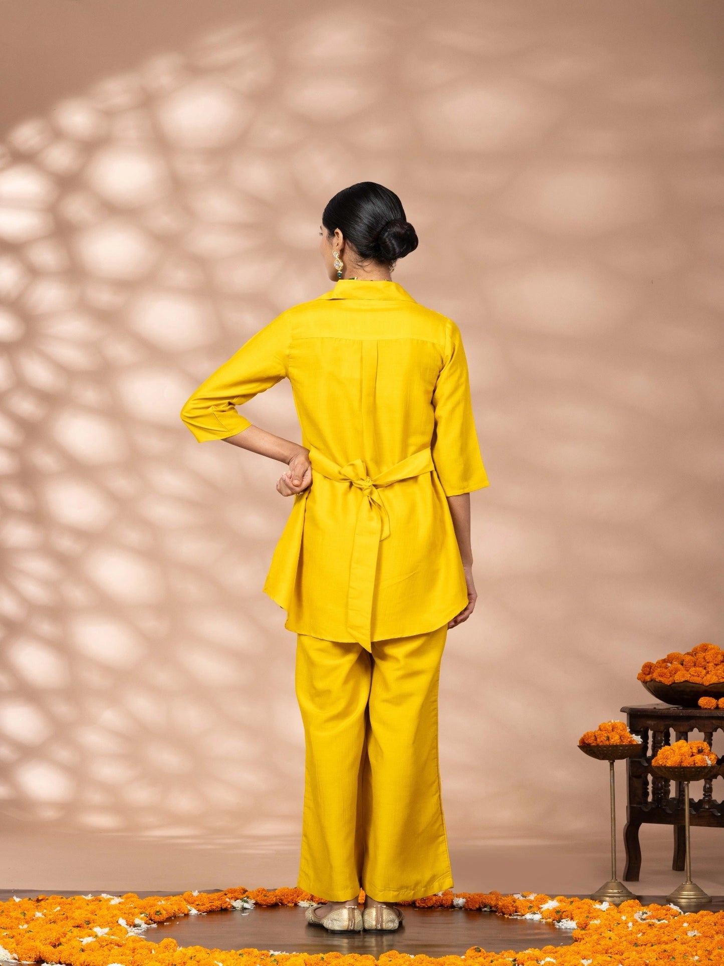 Women Solid Yellow Leaf Embroidery Co-Ord Set