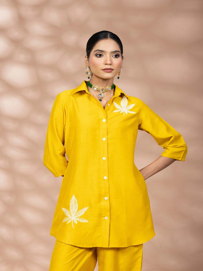 Women Solid Yellow Leaf Embroidery Co-Ord Set