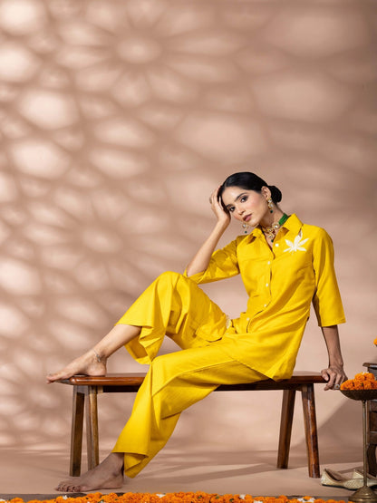 Women Solid Yellow Leaf Embroidery Co-Ord Set