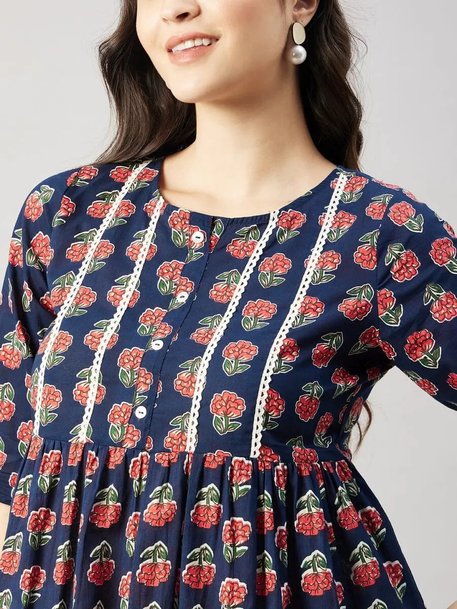 winered-women-blue-floral-print-yoke-lace-top