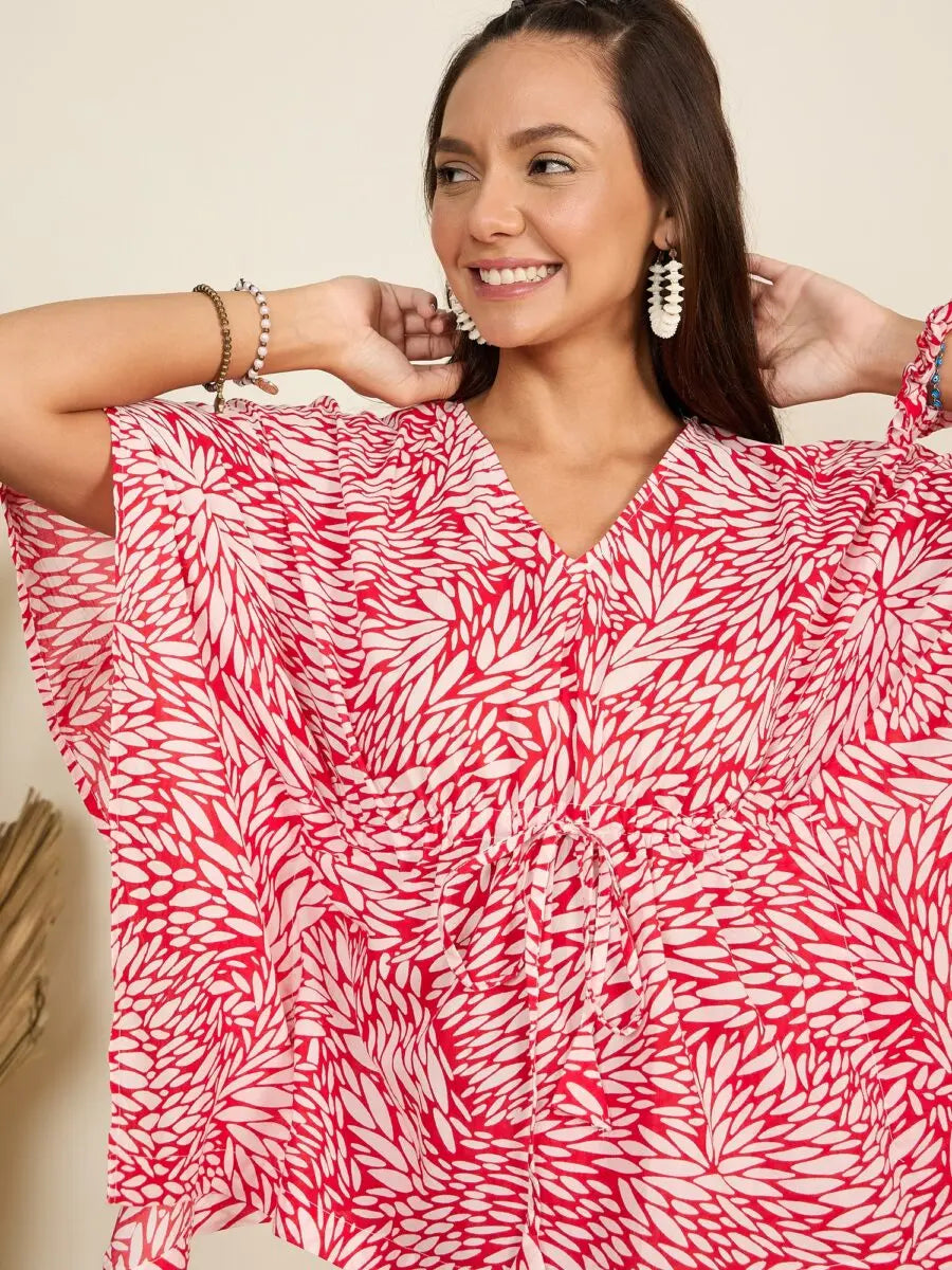 winered-woman-red-printed-kaftan-with-shorts-night-suit-set-for-women