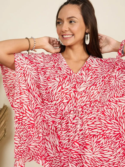 winered-woman-red-printed-kaftan-with-shorts-night-suit-set-for-women