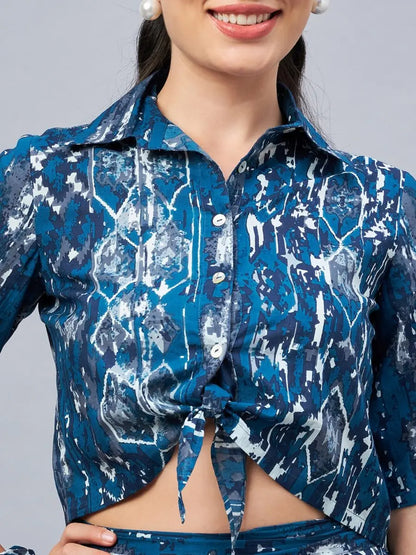 winered-woman-blue-front-knot-crop-shirt-with-flared-pant