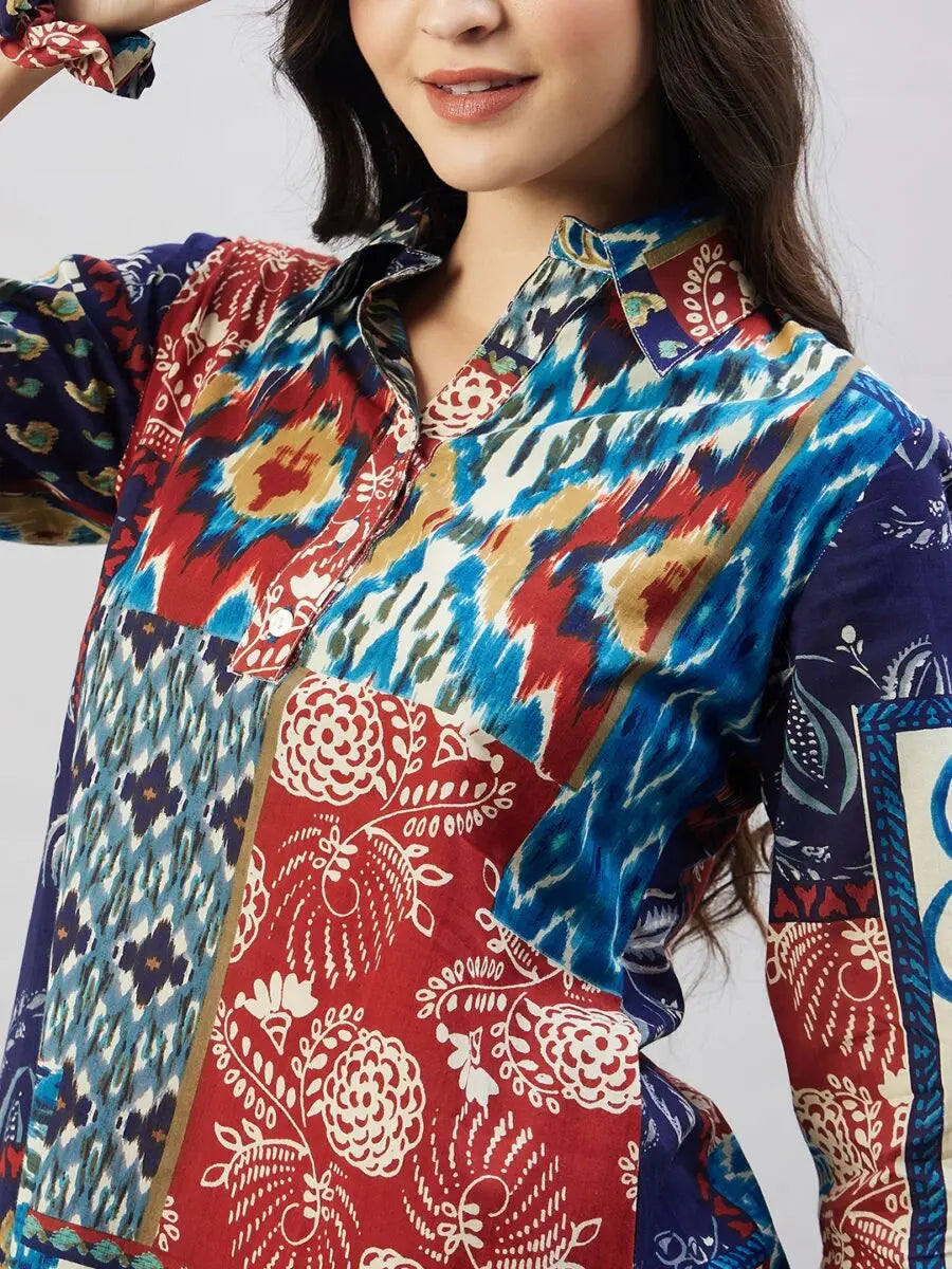 winered-woman-navy-blue-multi-patch-print-collared-co-ord-set