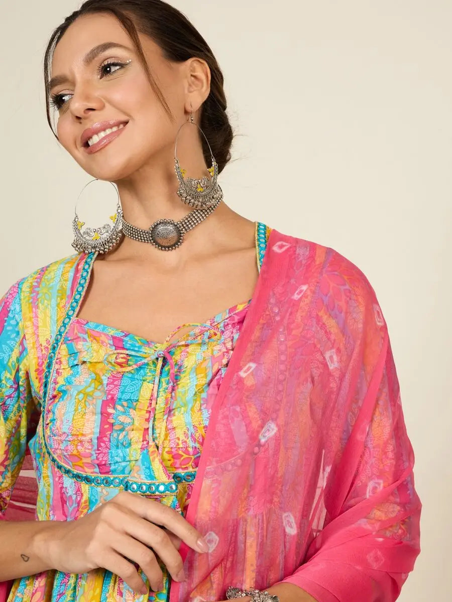 winered-women-printed-ruched-yoke-flare-kurta-pant-dupatta-set