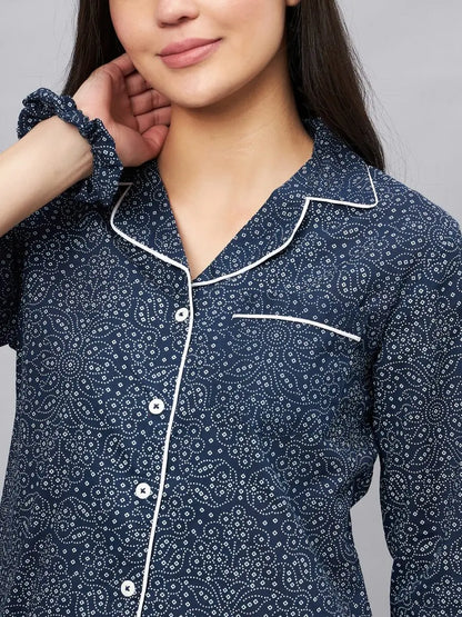 winered-women-lapel-collared-blue-bandhej-print-night-suit