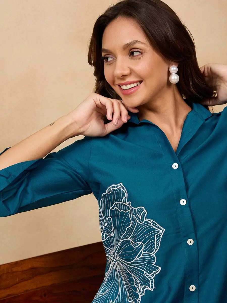 winered-woman-solid-blue-flower-embroidery-co-ord-set