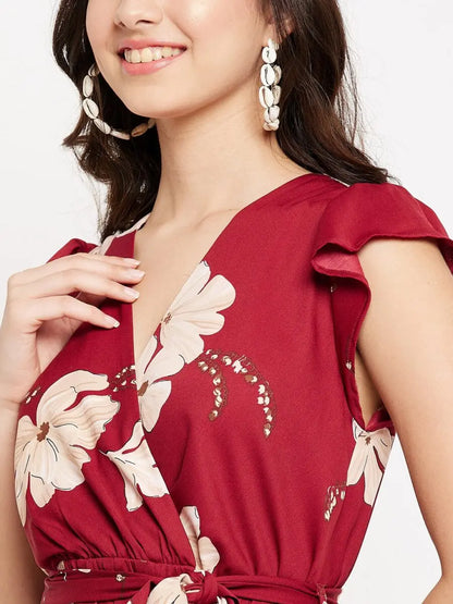 winered-indo-western-style-for-girls-maroon-floral-printed-butterfly-sleeve-belted-dress