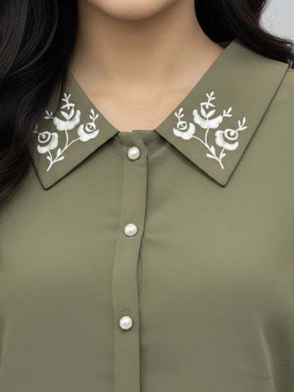WineRed Women Olive Collared Shirt with Contrast Embriodery