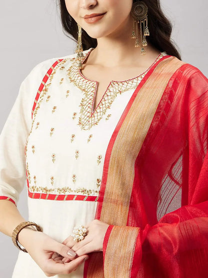winered-woman-stylish-off-white-with-golden-neck-embroidery-red-dupatta-kurta-and-sets