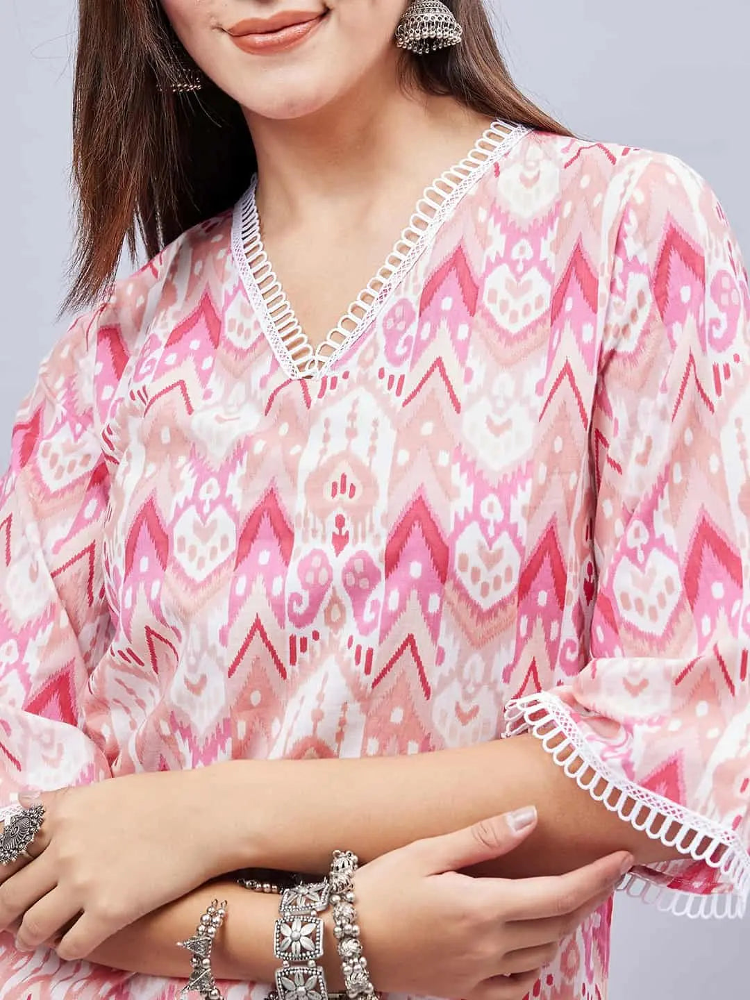 winered-woman-pink-printed-lace-detailing-co-ord-set