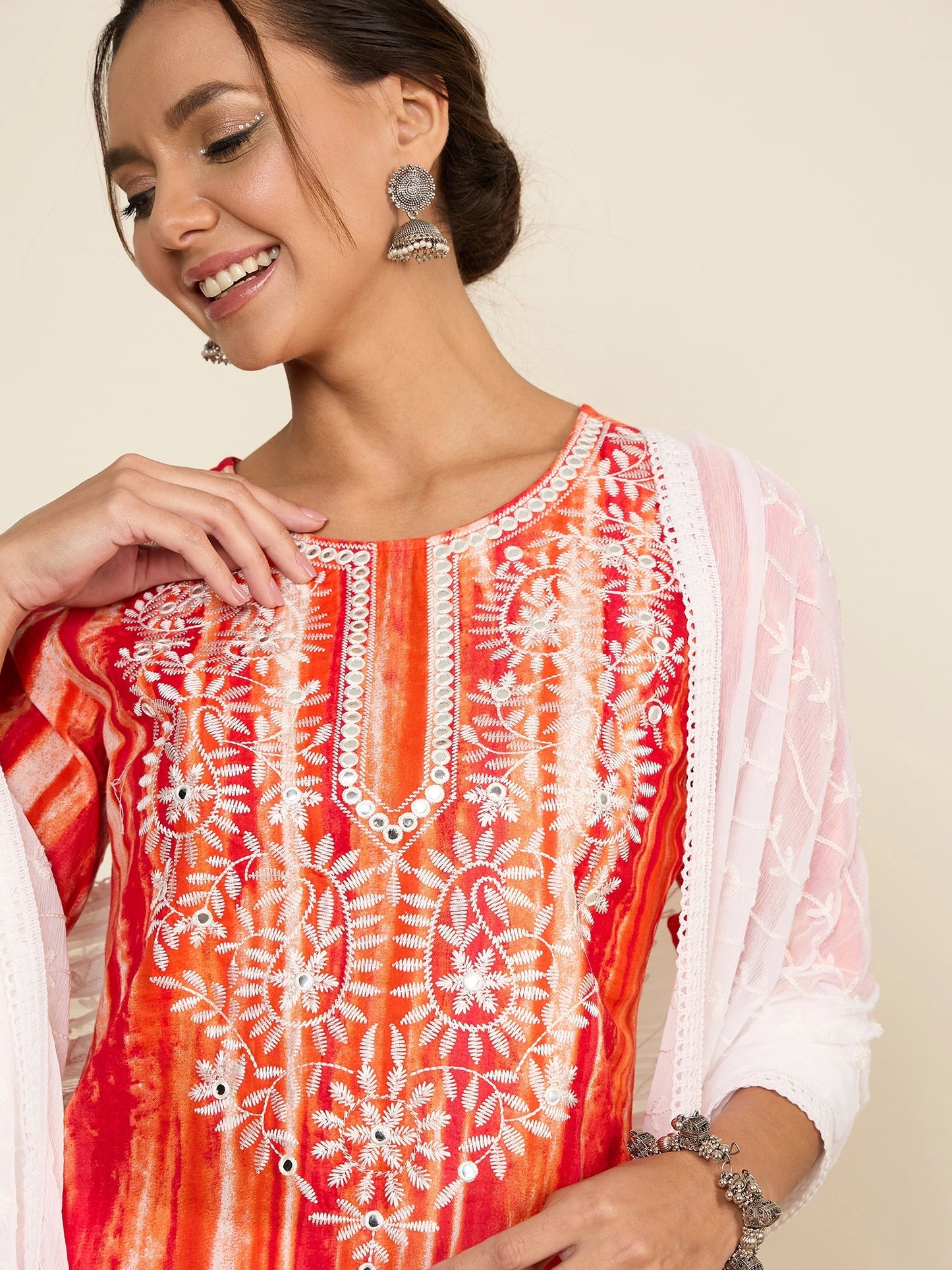WineRed Woman Orange Embroidered Neck Straight Kurta set with Dupatta