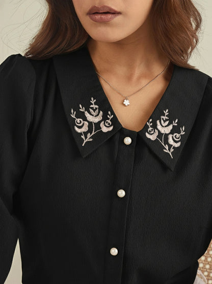 WineRed Women Black Collared Shirt with Contrast Embriodery