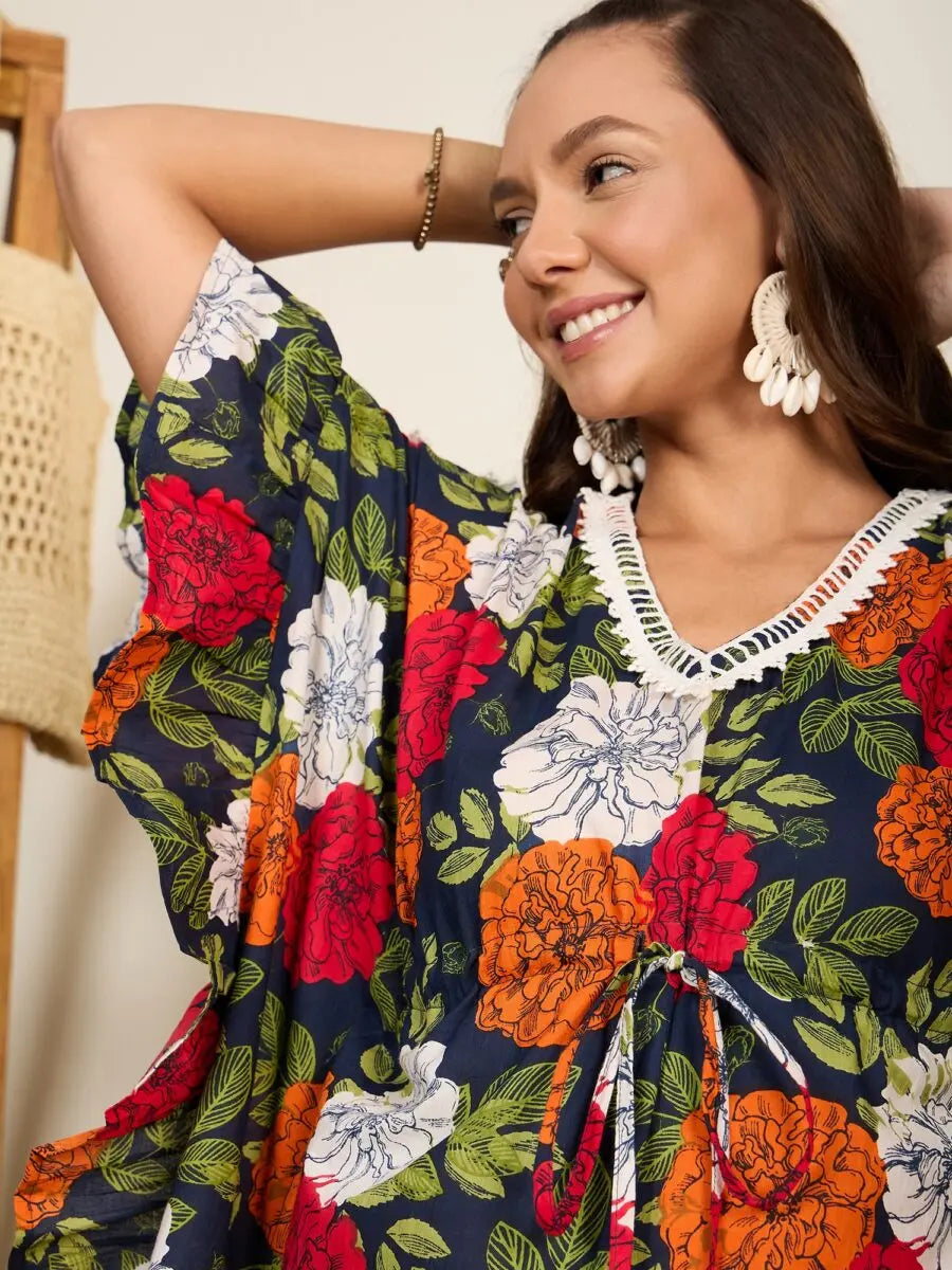 winered-women-navy-blue-floral-print-frill-kaftan-dress