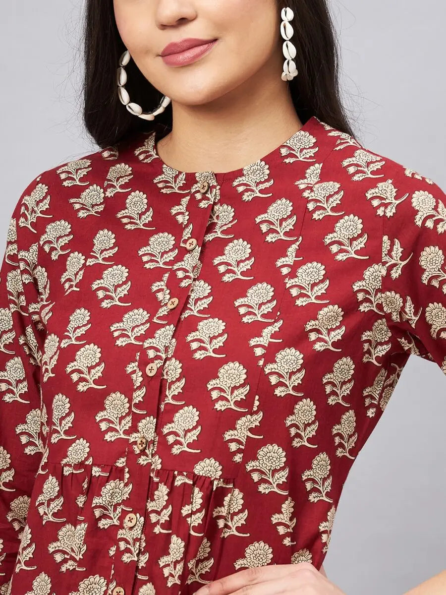 winered-woman-maroon-floral-print-front-opening-tunic