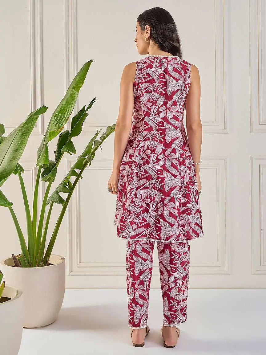 maroon-lace-detailing-stitched-godet-tunic-co-ord-set-for-women