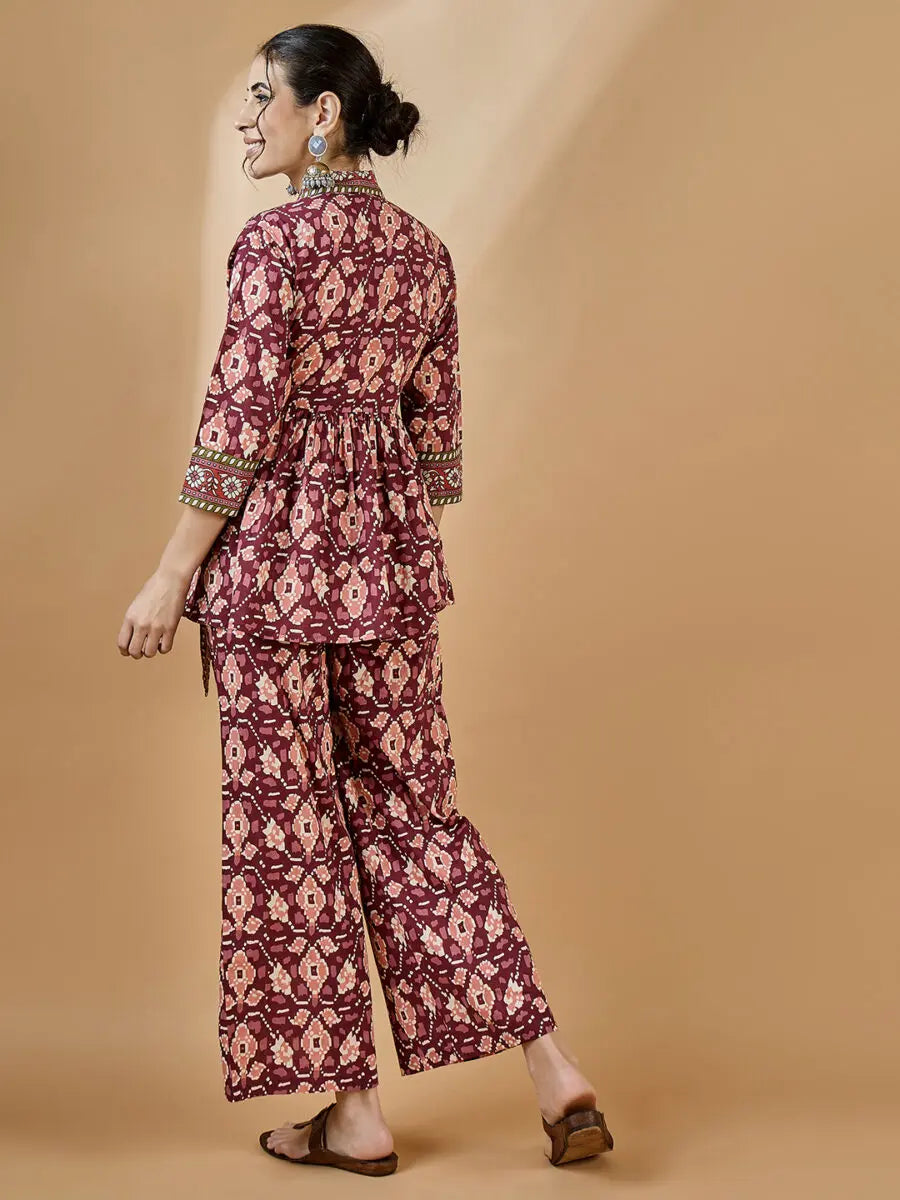 winered-women-rust-shawl-collar-waist-tie-up-co-ord-set