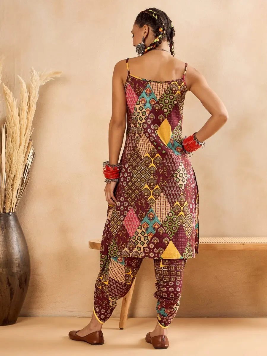 winered-woman-maroon-print-strap-kurta-dhoti-co-ord-set